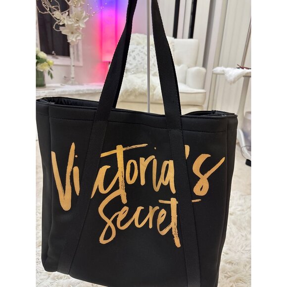 Victorias Secret Black Tote Wine Cooler Bag With Gold Script & Insulated Interio - Picture 2 of 12